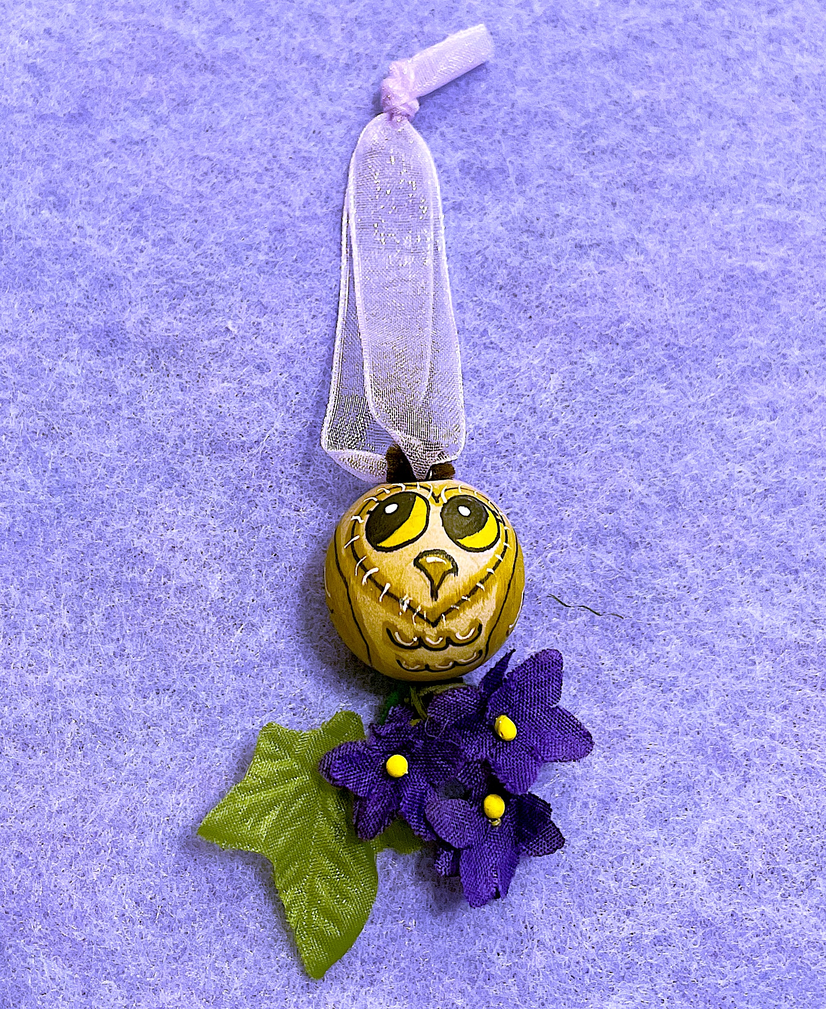 Owl Wood Ornament with violets