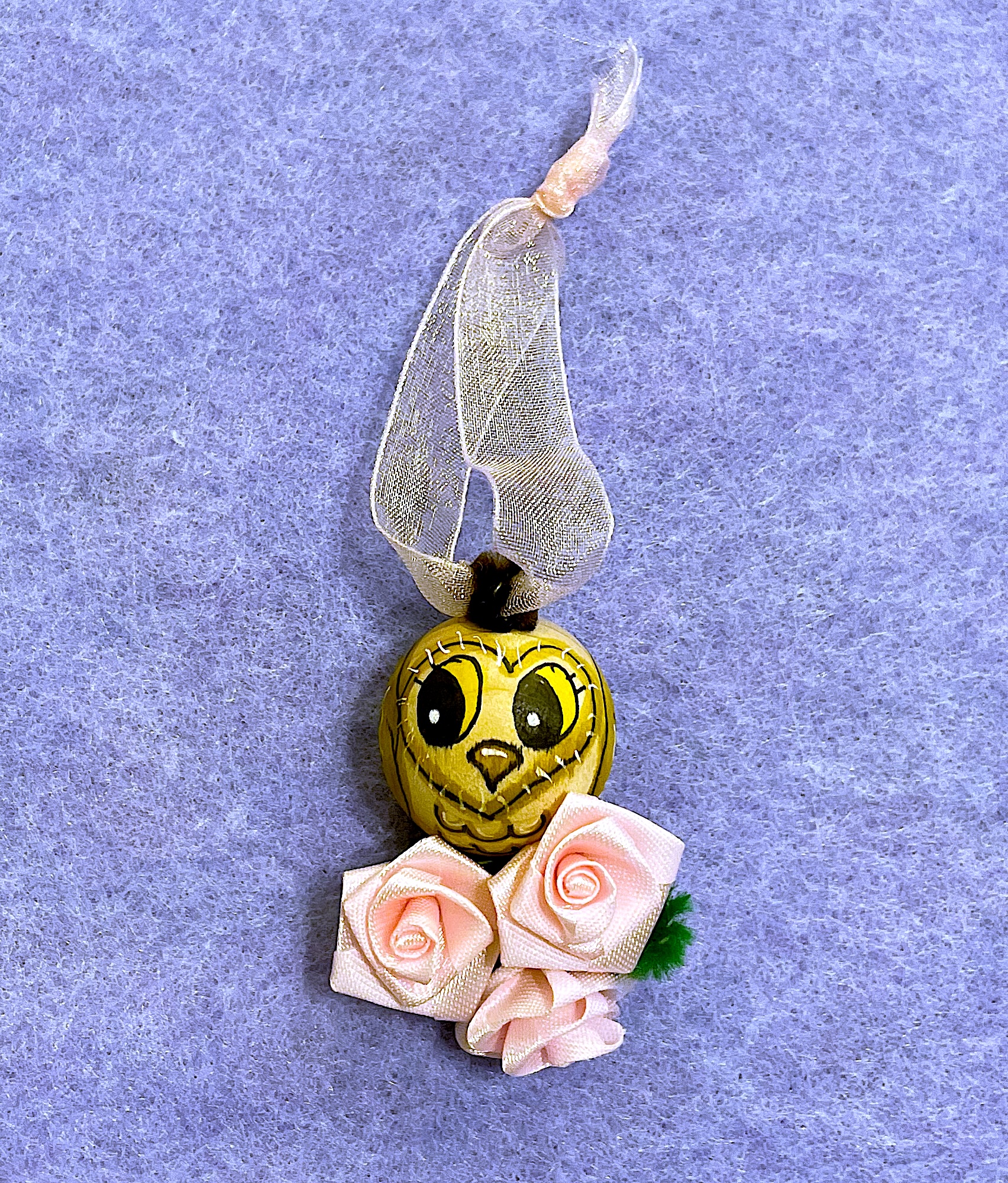 Owl Wood Ornament with pink roses