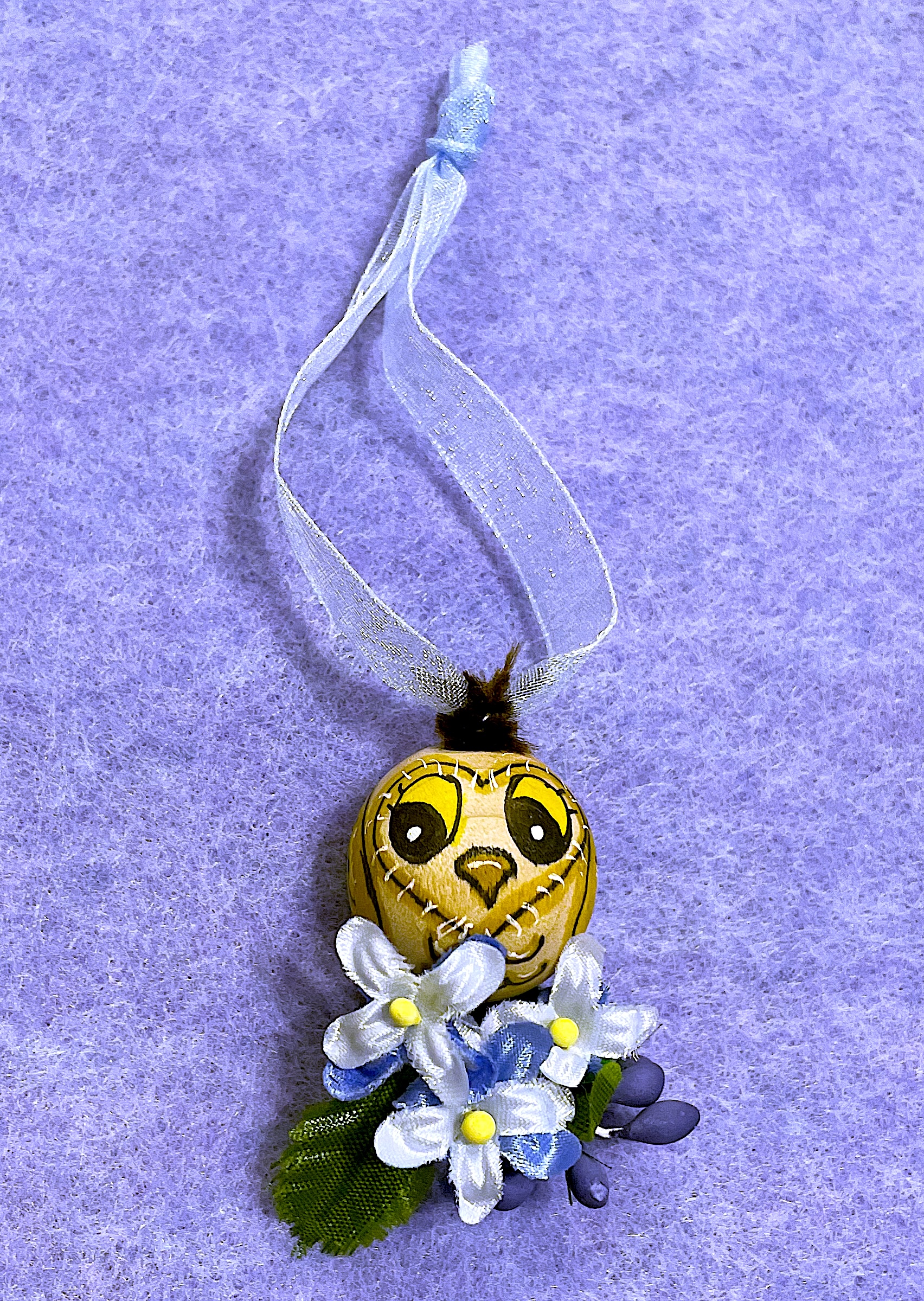 Owl Wood Ornament with blue flowers